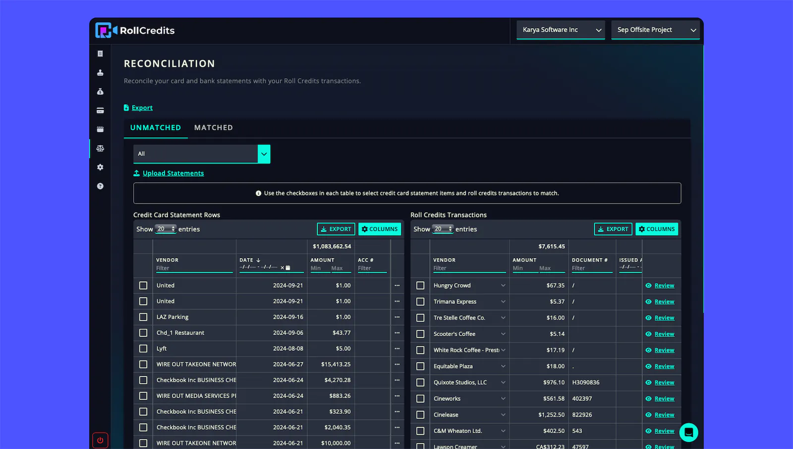screenshot of RollCredits application on desktop
